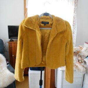 LAUNDRY CROPPED FAUX FUR JACKET-SHRUG-MUSTARD YELLOW-WOMEN'S SIZE S